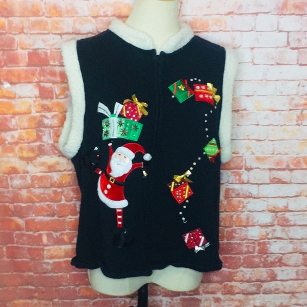 Vintage 90s Crystal Kobe Front Zip Black Knit Ugly Christmas Sweater Vest